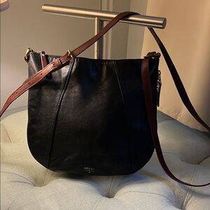 Fossil Gwen Hobo Soft Black Brown Cream Leather Expandable CrossBody Bag